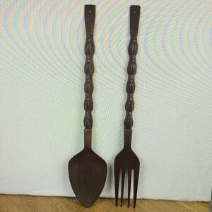 VTG MCM TIKI Brown‎ Hand Carved Fork & Spoon 39" Tall Wall Decor Philippines